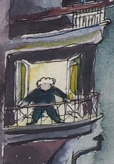 Carl Albert Lange schaut dem Treiben auf der Straße zu vom Balkon aus.